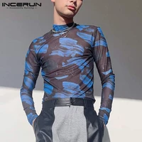 men t shirt turtleneck printed long sleeve mesh see through streetwear sexy undershirt men 2021 casual tee tops incerun s 5xl
