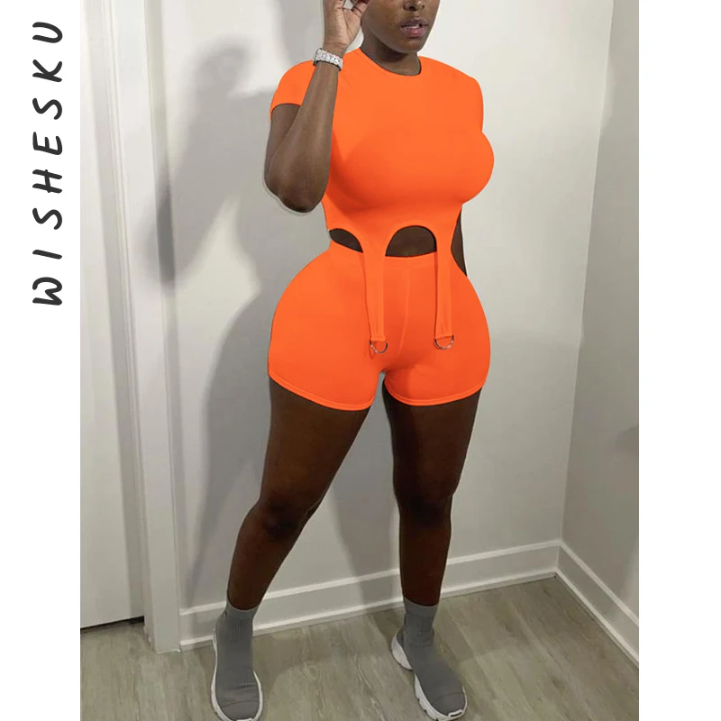 

White Two Piece Set Women Short Sleeve O Neck Hook Up Crop Top Bodycon T-shirt + Skinny Shorts Outfits 2021Summer Y2k Tracksuit
