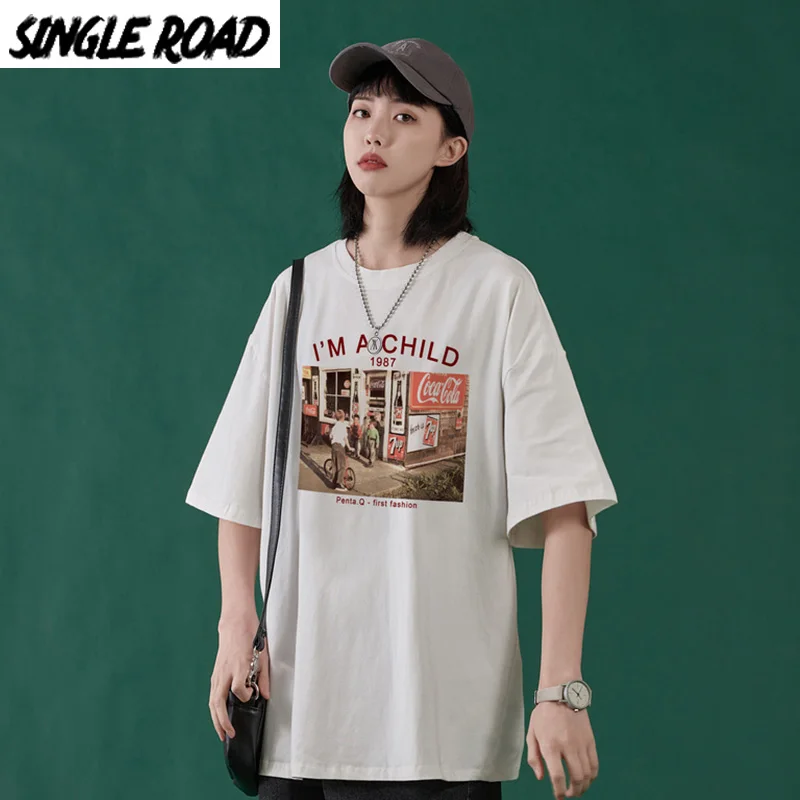 SingleRoad женская футболка 2020 летняя негабаритная графическая унисекс хип хоп Harajuku