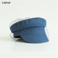 uspop brand designer fashion autumn winter caps women mesh yarn newsboy caps flat denim caps
