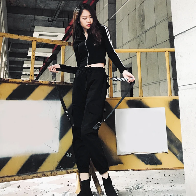 

Осенняя уличная одежда, женские эластичные шаровары с высокой талией, тканевые брюки с цепочкой и пряжкой, Длинные повседневные штаны с кар...