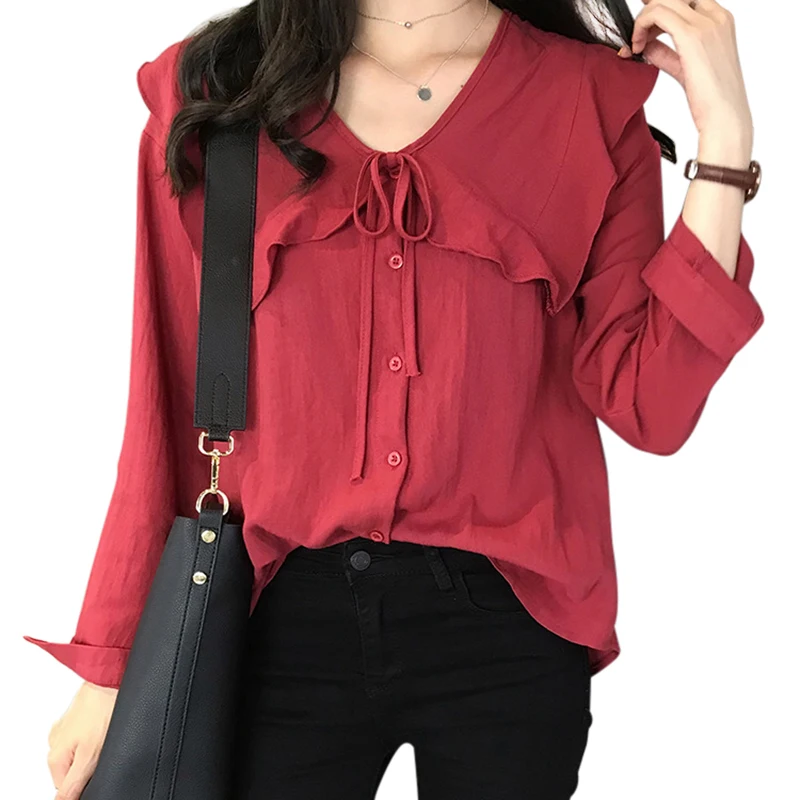 

Summer Korean V Collar Doll Shirts Retro Short Sleeve Shirts V-Neck solid Streetwear sweet girls ruffles womans Shirts