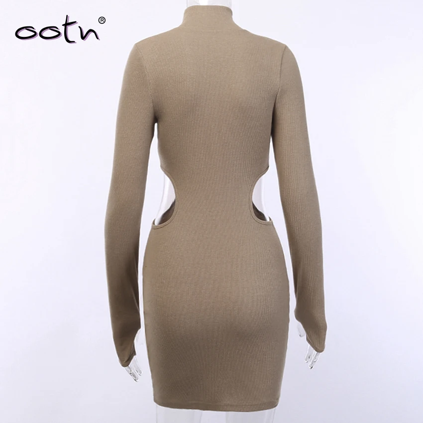 Пикантные коричневые Открытое платье с длинными рукавами короткое высоким