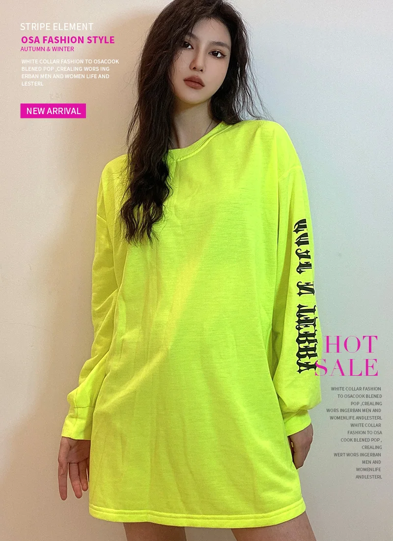 

Gagaopt Homemade New Fluorescent Color Long Sleeve Printed Thin Sweater Women's Mid-Length Pullover round Neck Women's Fashion