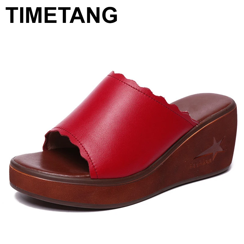 

TIMETANGPlus Size 35-42Split Open Toe Leather Wedges Platform Shoes Summer Slippers Woman Medium Heel Slides Women BeachSlipper