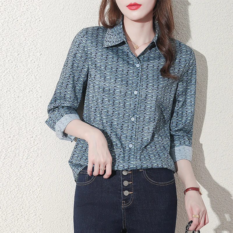 

Print Women's Blouse Casual Polo Girl's Shirt New Korean Loose Long Sleeve Top Chiffon Plus Size Summer Lady Blusas Houthion
