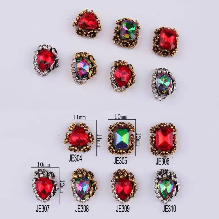 

10pcs in 1 Crystal Rhinestones Nail Art Decoration 3D Charm Alloy Silver Gems Jewellery Retro Alloy With Rhinestone ,JE303-310
