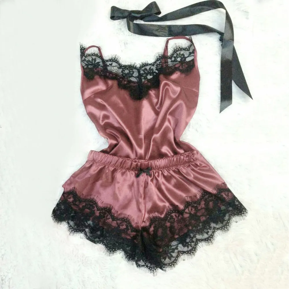 

Women's Sleepwear Sexy Satin Pajama Set Lace Pyjamas Sleeveless Homewear Cute Cami Top and Shorts Nightgowns Lingerie Female