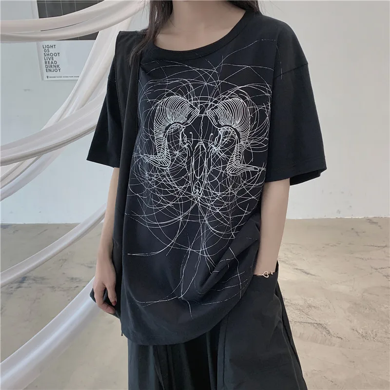 

Women T-Shirts Cotton Japanese Style Tops&Tees Geometric lines Oversize Female Tshirt Dark Owen High Street Gothic Harajuku
