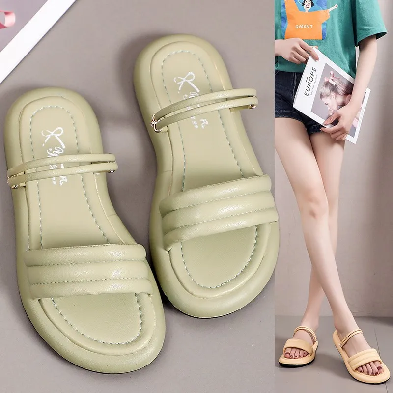 

Slippers Women Summer Shoes Shallow Platform Beige Heeled Sandals Black Soft Basic Lace-Up PU Casual Fabric Rubber Round Toe Sol
