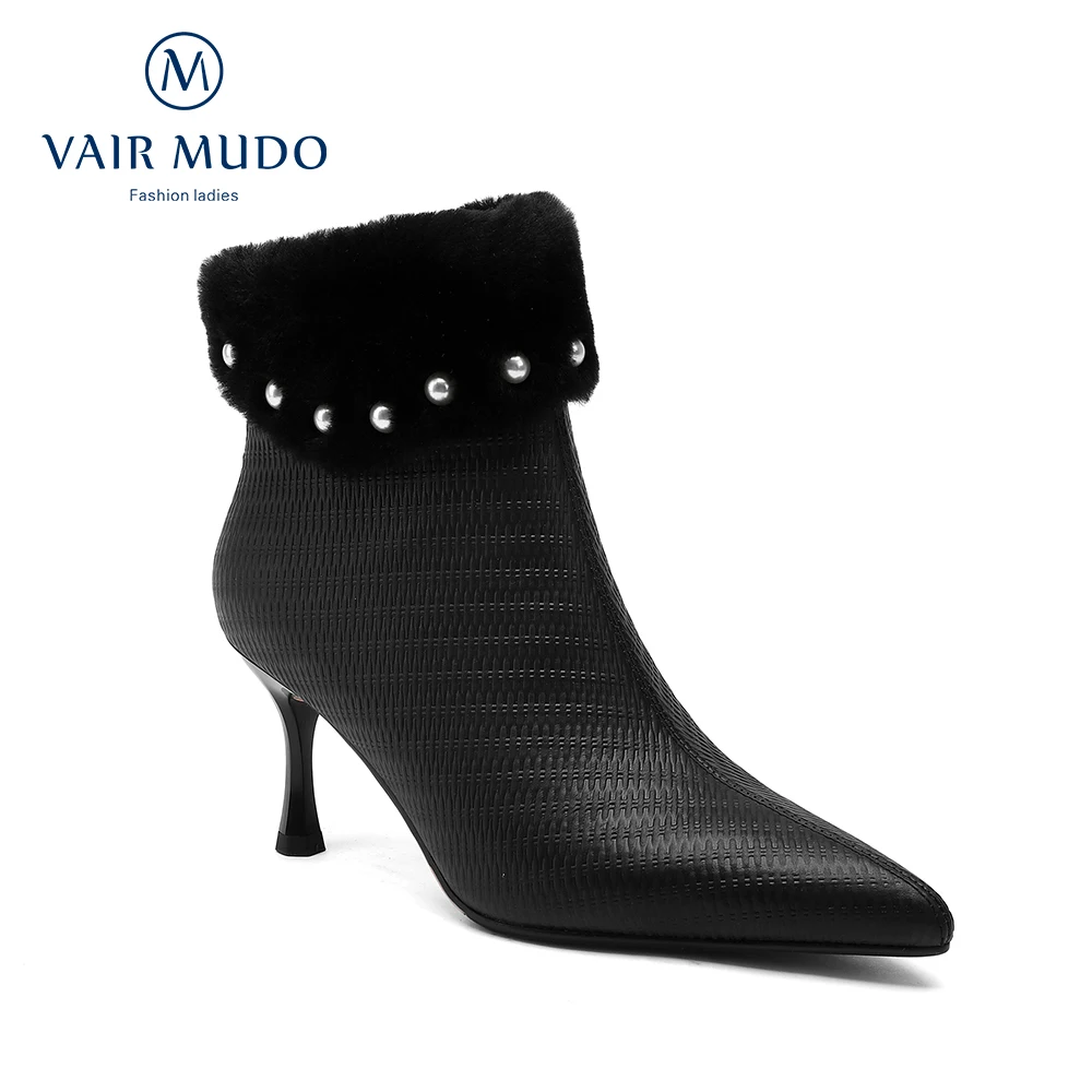 

VAIR MUDO Women Modern Boots Autumn Winter Fashion High Heels Black White Genuine Leather Elegant Pointed Toe Short PlushWM389-C