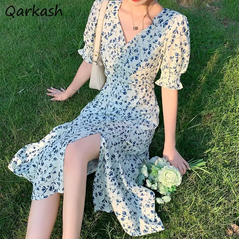 

Puff Sleeve Dress Women Mid-calf Side-slit V-neck Floral French Style Retro Beach Feminine Elegant Fashion Romantic Sundress Ins