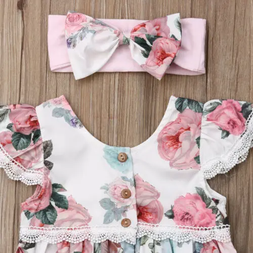 

Goocheer 2Pcs Outfits Cotton Clothes Newborn Baby Girl Clothes Flower Print Fly Sleeve Lace Ruffle Romper Bowknot Headband