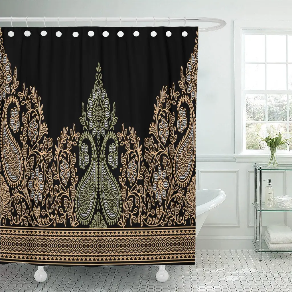 

Floral Paisley Border Abstract Black Carpet Chinese Ethnic Bathroom Curtain Waterproof Polyester Fabric 72 x 78 inches Set