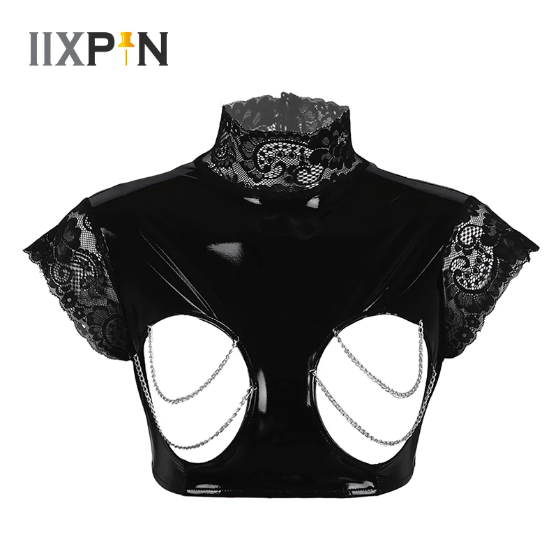 

Женский пикантный укороченный топ с открытой чашкой, модный влажный топ из лакированной кожи, укороченные топы с высоким воротником, майки ...