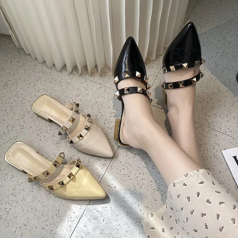 

Slippers Casual Flat Shoes Female Pointed Toe Low Rivet Mules For Women 2021 Pantofle Slides Luxury Summer Soft Cover New Fashio