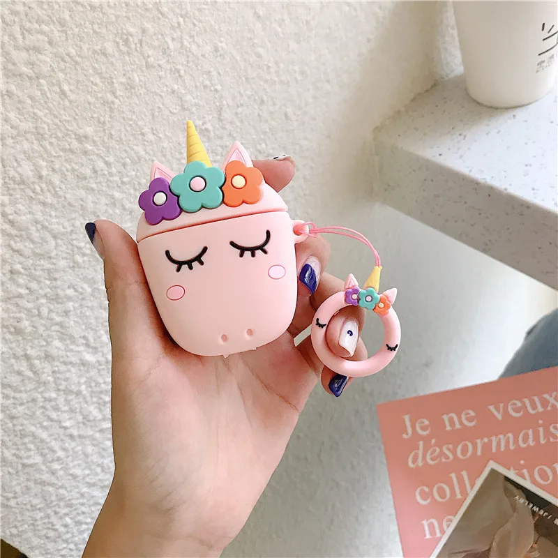 Pink Чехол для наушников с мультяшным единорогом и Bluetooth для Apple Airpods, аксессуары, защитный чехол для AirPods 2, милый чехол с кольцом на палец - Цвет: Pink