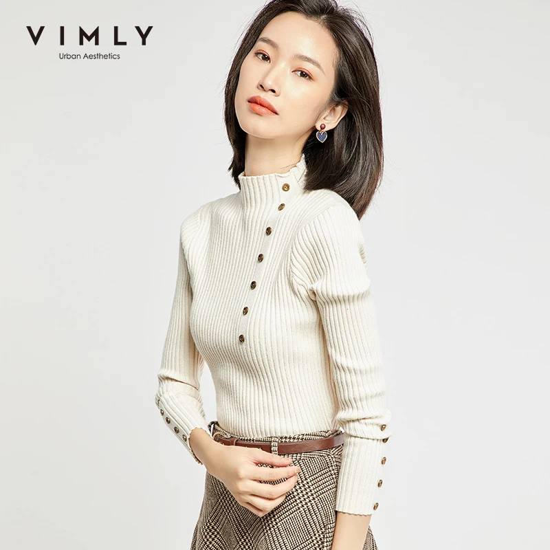 Vimly 2020 Spring Autumn Women Knitted Pullovers Tops Fashion Solid Stand Collar Buttons Slim OL Elegant Female Sweater 99157 | Женская