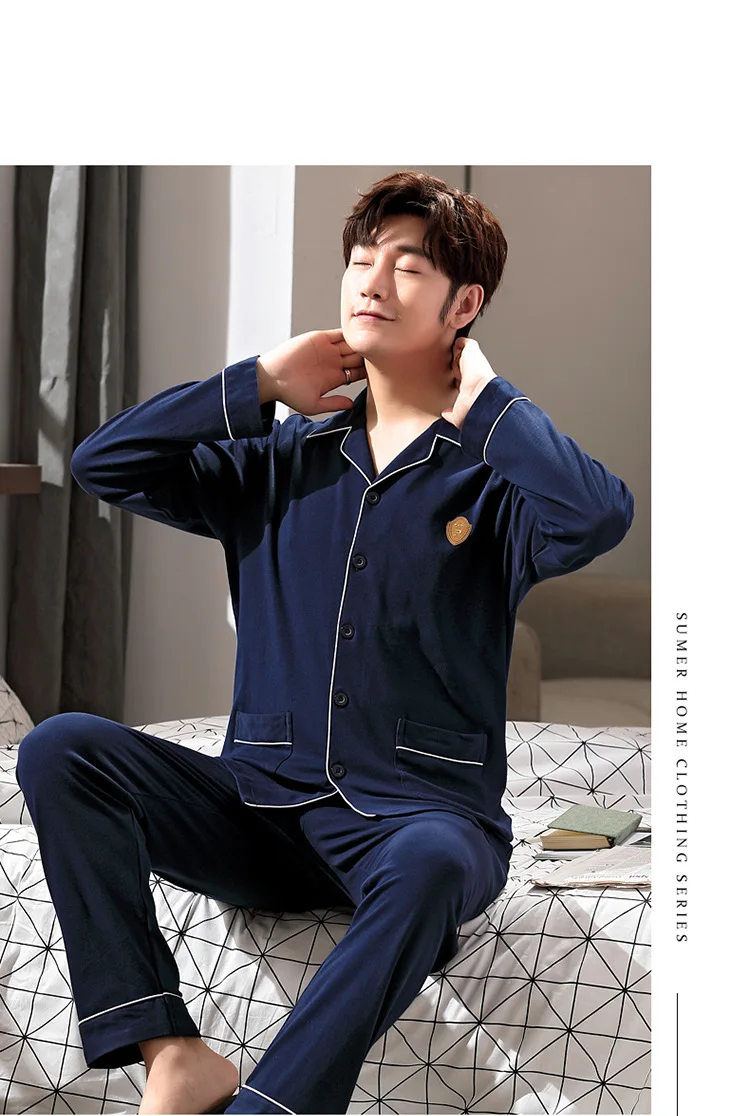 

Autumn Men's Pure Cotton Pure Color Loungewear Cardigan Lapel Simple Loose Casual Long-sleeved Trousers Pajamas Home Suit