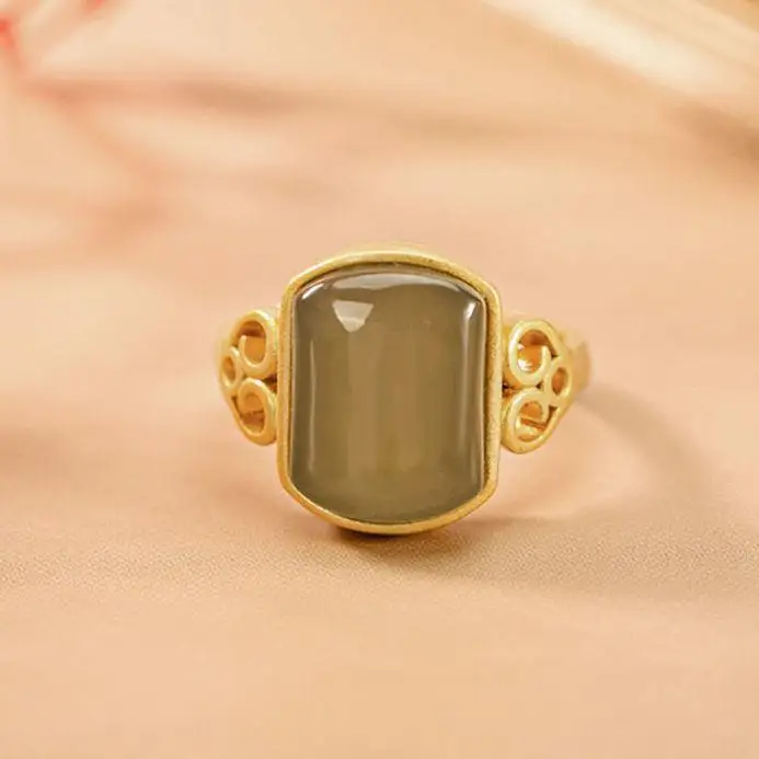 

Original S925 Sterling Silver Ring Hetian Jade Gray Jade Personalized Antiquity Creative All-Match Ornament