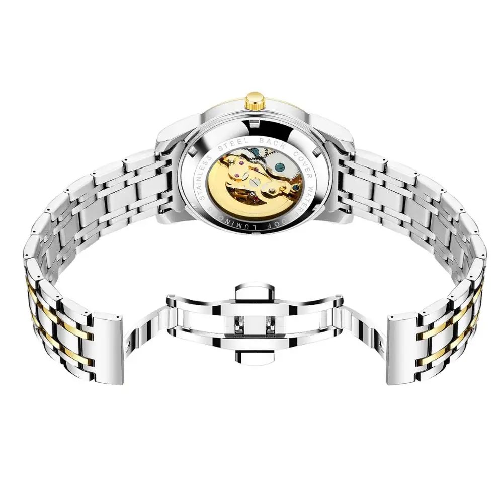 

Mens Mechanical Watches Skeleton Dial Face Starts Display Window Stainless Stee Watches Strap