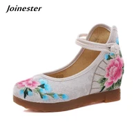 women cotton ethnic shoes ladies ankle strap mary jane wedges pumps flower embroider platform dancing shoes for woman espadrille