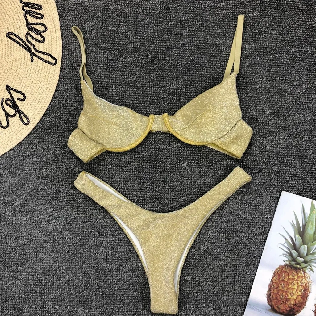 Сексуальный купальник с открытыми плечами блестками Серебряное шелковое бикини