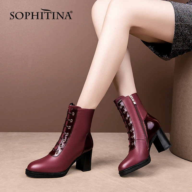 

SOPHITINA Women Shoes Mature Genuine Leather Zipper Lady Shoes Mid Heel Red-Wine Spring Autumn Elegant Female Ankle Boots MO820