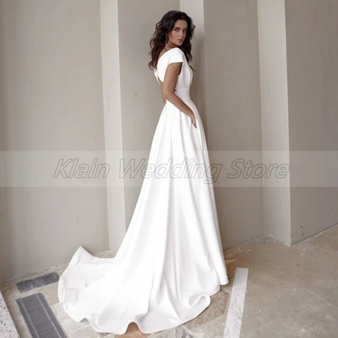 Modest V-Neck Civil Wedding Dress with Slit for Women Simple Cap Sleeve Sweep Train A Line Bridal Gown with Pockets Custom Made