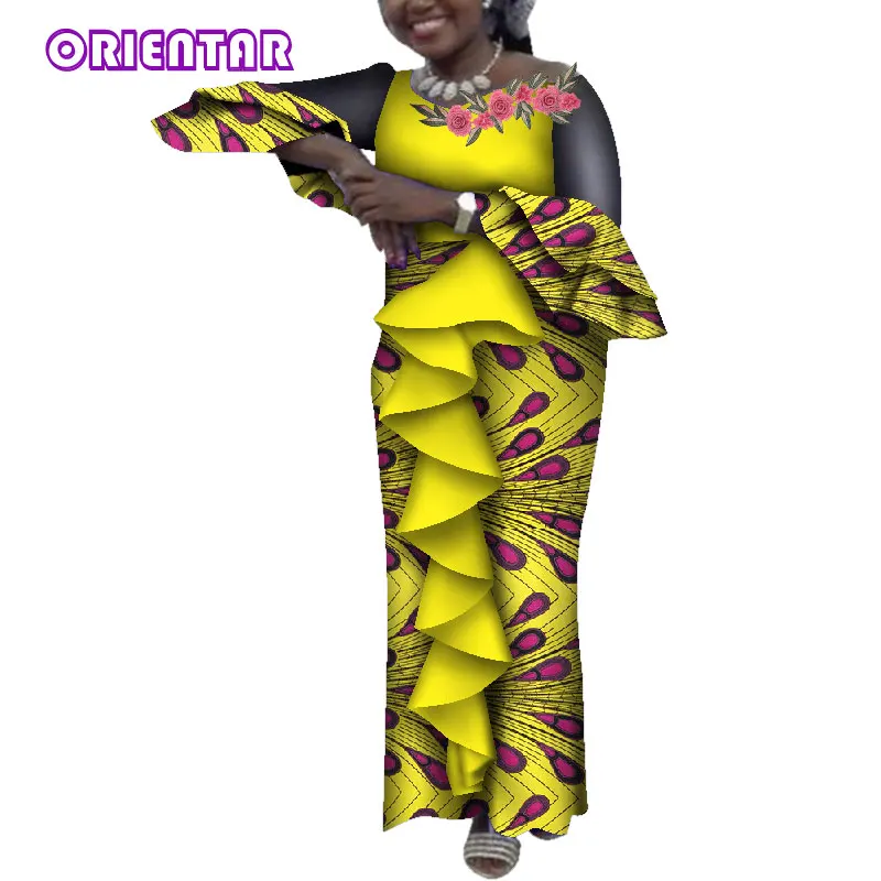 2019 Women African Dresses Flare Sleeve Pleated Decoration African Print Dresses Long Floor-Length Dress Bazin Riche WY4581