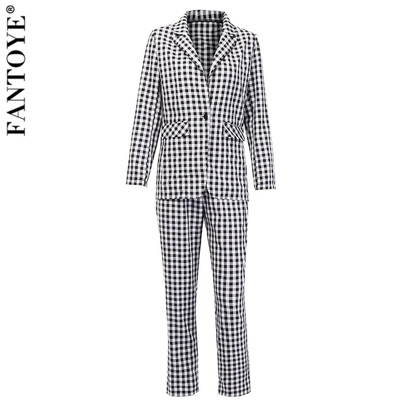 Fantoye Casual Plaid Women Suits With Pants 2 Piece Set Blazer Jacket Coats 2019 Autumn Pant Two Jumpsuits | Женская одежда
