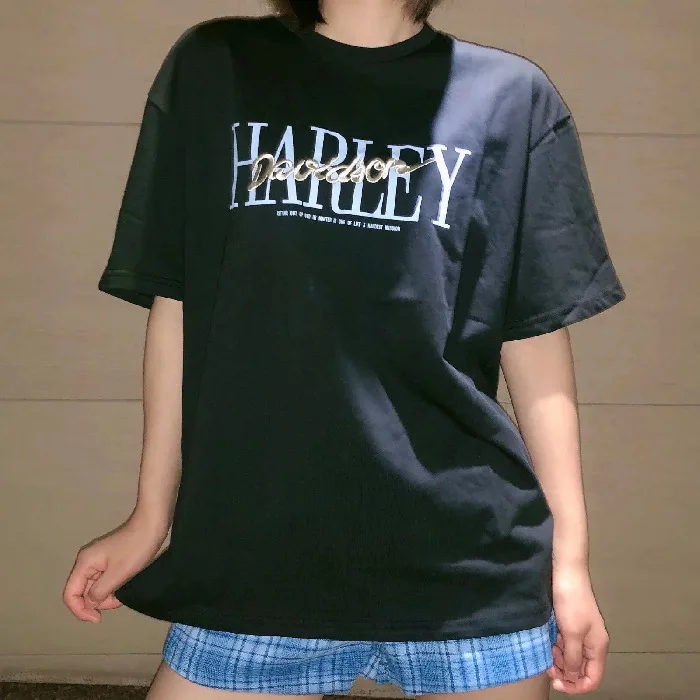 

2021 Fashion Gray Printed Letter Short-sleeved T-shirt Women's Mid-length Summer Ins Tide Loose American Retro