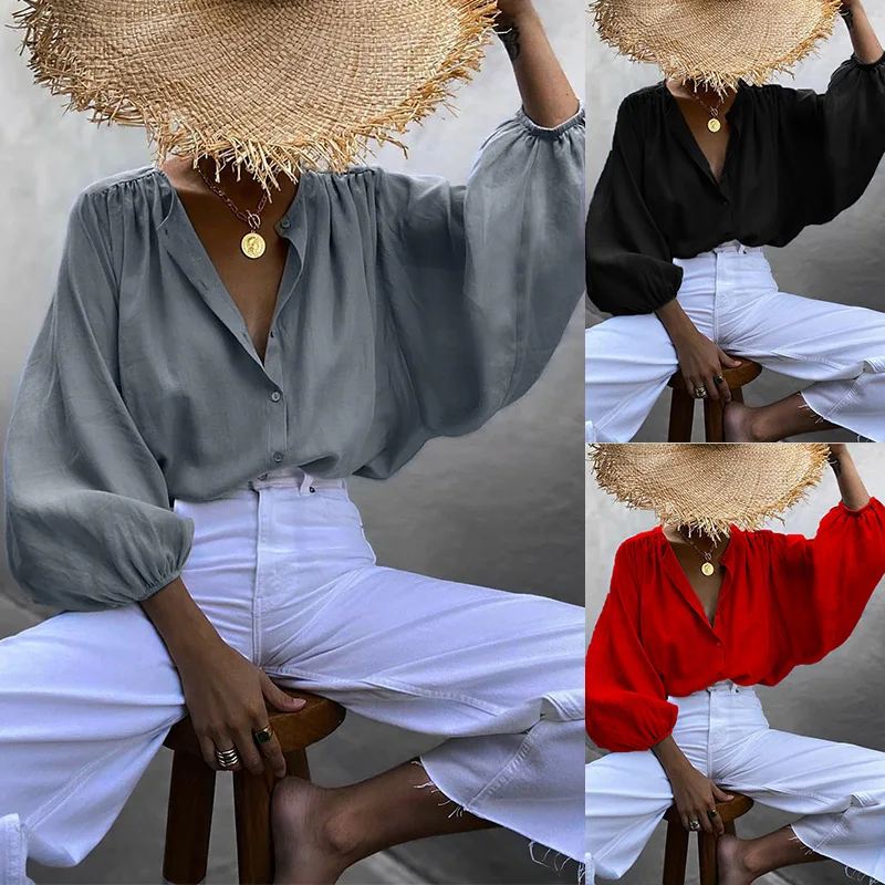 Новинка женские рубашки однотонная Свободная Повседневная Блузка в стиле ретро