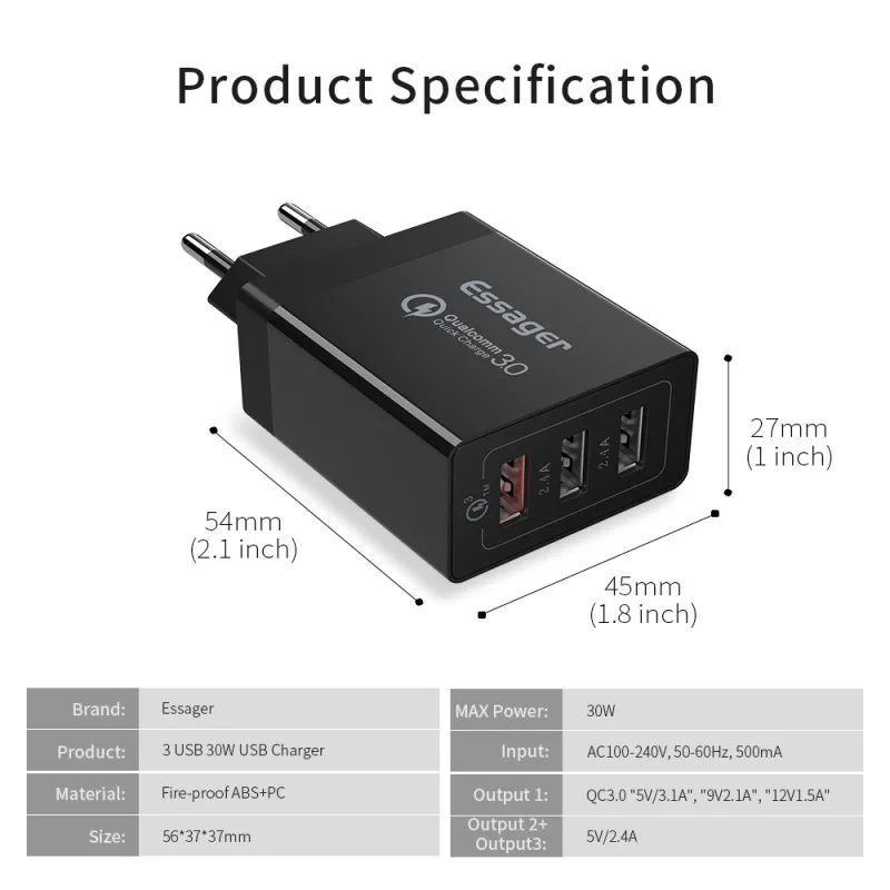 Быстрое зарядное устройство USB 3 0 30 Вт QC3.0 QC Turbo быстрое с несколькими разъемами