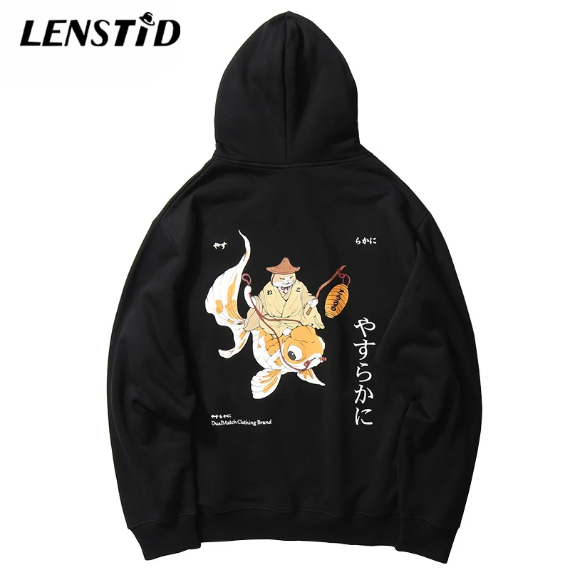 LENSTID мужской хип хоп зимний флисовый пуловер с капюшоном забавный кот кои рыба
