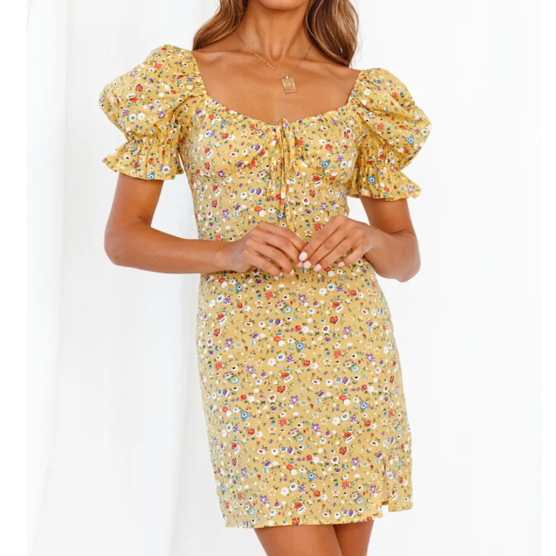 

Women's Summer Short Sleeve Fashion Casual Yellow Printing Retro Square Neck Bubble Sleeve Elegant Lace Up Slim Miniskirt