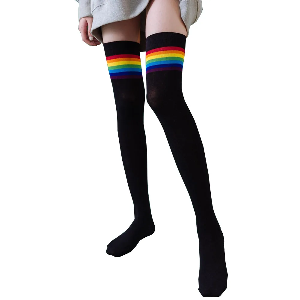 

Soft Women Socks Adult Elastic Thigh High Stocking Fashion Non-Slip Over Knee Rainbow Striped Daily Wear Spring Autumn Gift