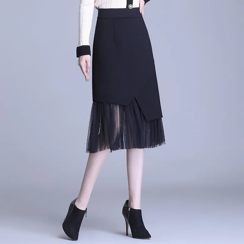 

2021 Spring Summer Women Irregular OL Commuter Skirts Gothic Female High Waist Gauze Solid Black Fashion Plus Size Skirt Emo