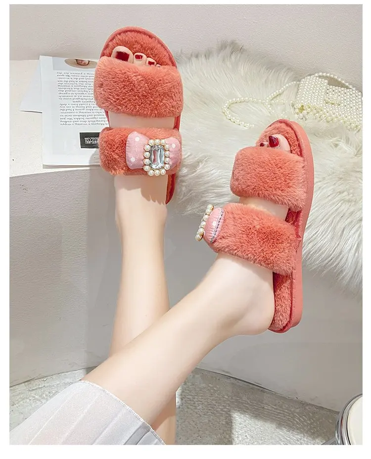 Winter New Ladies Cotton Slippers Simple and Comfortable Bow Cotton Slippers Women Flat Slippers Women Furry Slippers Women