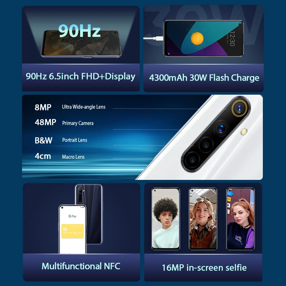 Realme 6s NFC 6 5 дюймов + FHD 90 Гц смартфон ГБ 128 4300 мА/ч 48MP Quad Camera Android Play Store 30 Вт Зарядное