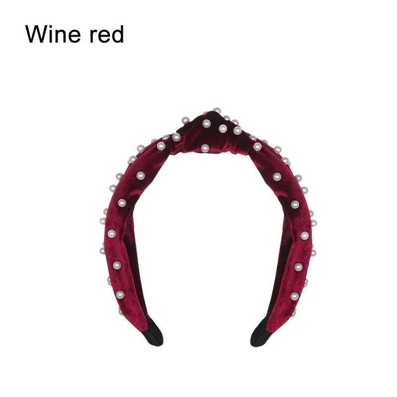 wine red 1 В богемном стиле однотонные Цвет мягкий бархат центр узел широкая лента для волос с жемчугом завязанная повязка на волосы Индивидуальные Женские аксессуары для волос - Цвет: wine red 1