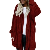 winter women hooded coat long sleeve faux fur jacket for daily wear