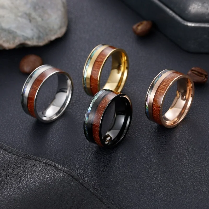 

Gothic 8MM Wide Wood Men's Titanium Steel Ring Natural Rings Stainless Steel Rings Men Luxury Jewelry Birthday Gift Wholesale