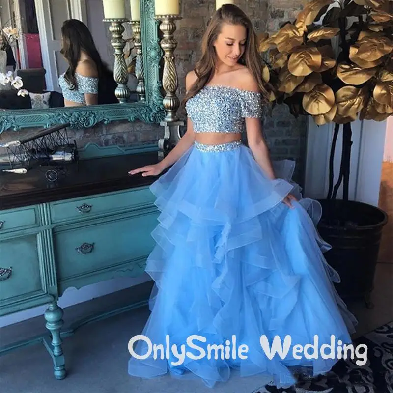 

two Pieces Prom Dresses Vestido Gala Beads Crystal Formal Celebrity Wears Off The Shoulder Sweet 16 Pageant Party Gowns