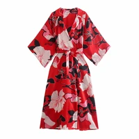 alinemyer za floral wrap dress woman red kimono long dress women vintage print summer dresses 2021 belt tied casual dresses
