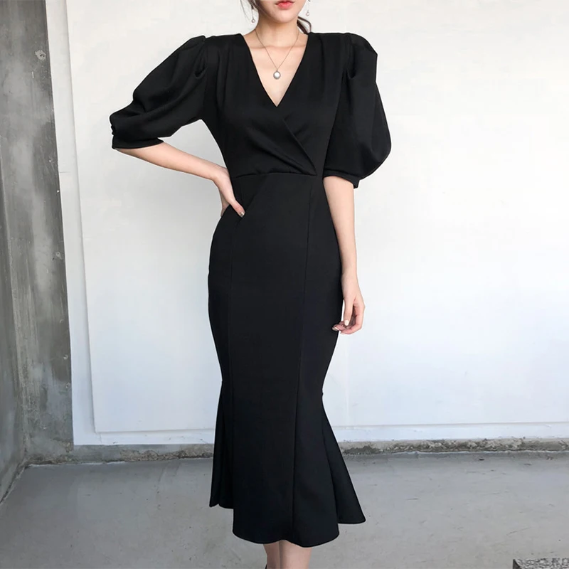 

ZAWAHIKI Korean Solid Elegant V-neck Woman Dress 2021Spring Sexy Vestidos Puff Sleeve Mid-calf Hight Waist Slim Bodycon Dress