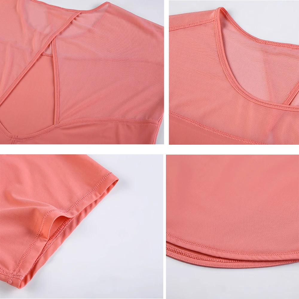 

Lightweight Mesh Patchwork Workout Gym Short Sleeved Shirts Women Hip Length Loose Fit Sport Fitness Yoga T-shirts