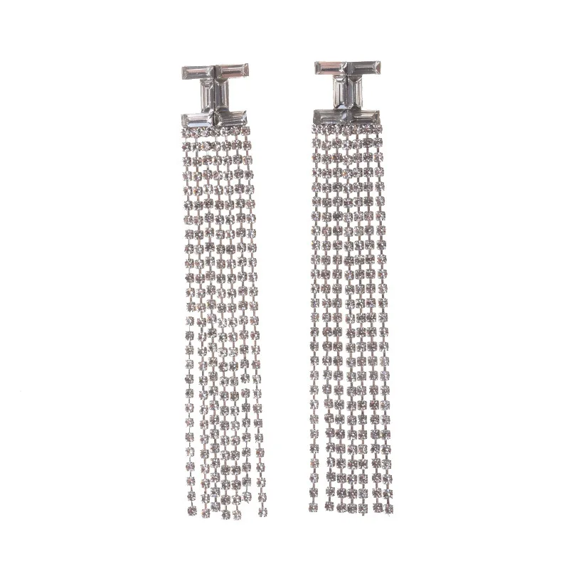 

BK Hot Long Tassels Earrings White Acrylic Glass Crystal Silver Chains Ethnic Stud Woman Party Fashion Jewelry