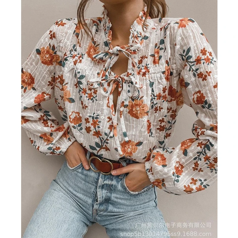 

Mandylandy T-shirt Summer Fashion Lantern Sleeve V-neck Lace-up T-shirt Women's Casual Printed Ruffles Stitching T-shirt