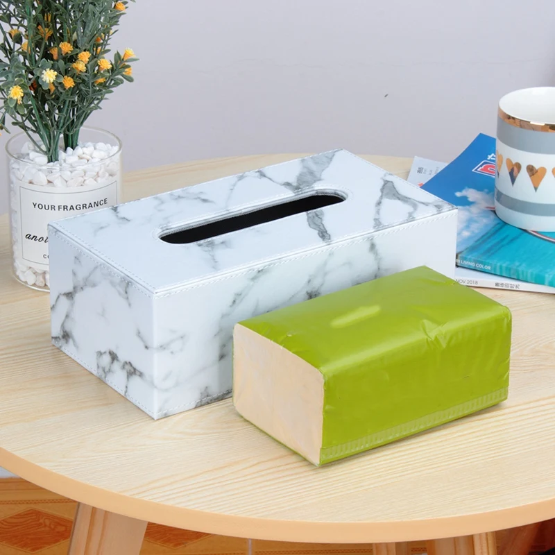 

Rectangular Marble PU Leather Facial Tissue Box Cover Napkin Holder Paper Towel Dispenser Container for Home Office Car Decor